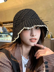 1pc Knitted Fashion Lace Color-Matching Bucket Sun Hat - Black
