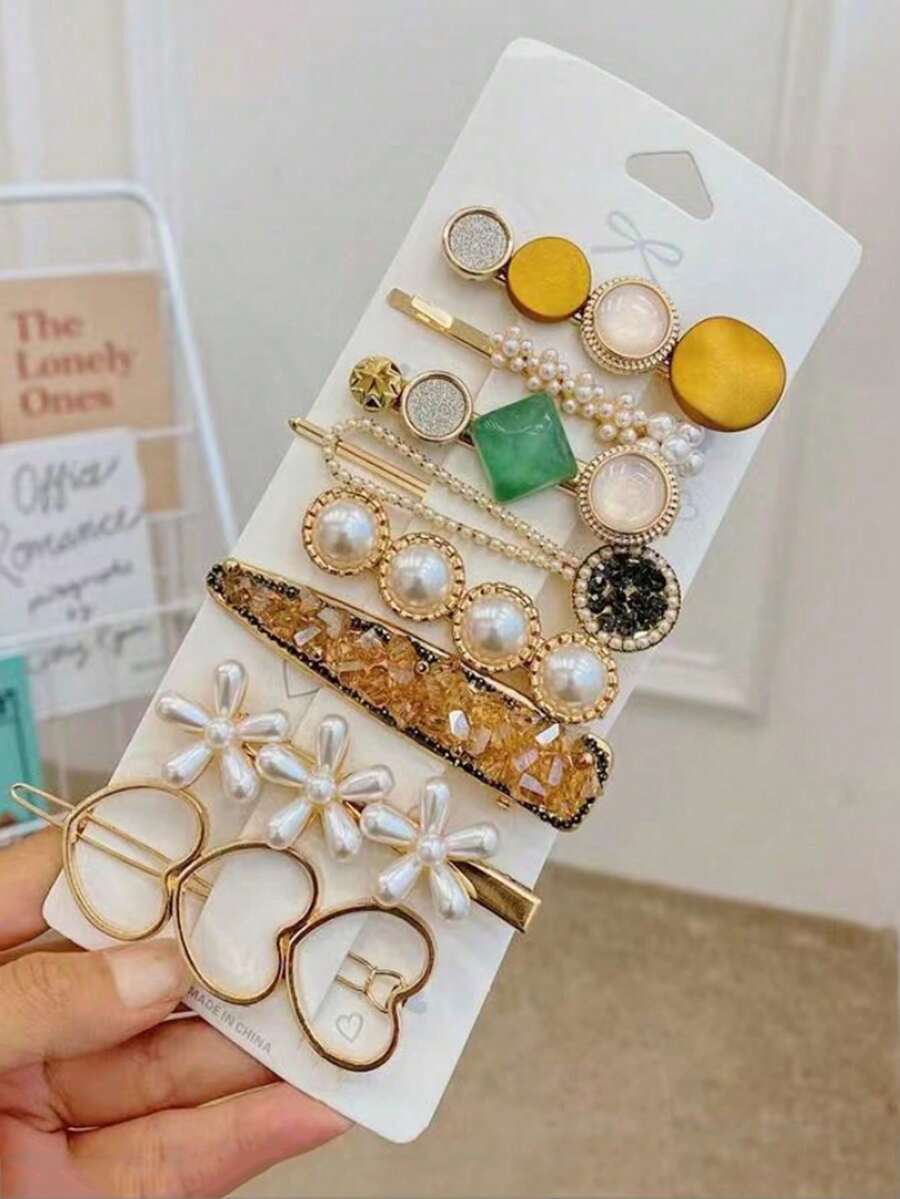 8pcs/Set Cute Alloy Faux Pearl & Triple Heart Hair Clips