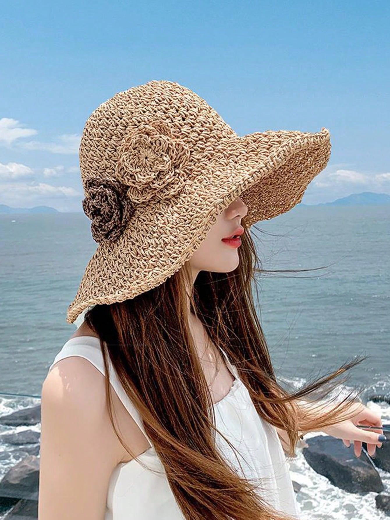1pcs Solid Color Boho Straw Hat