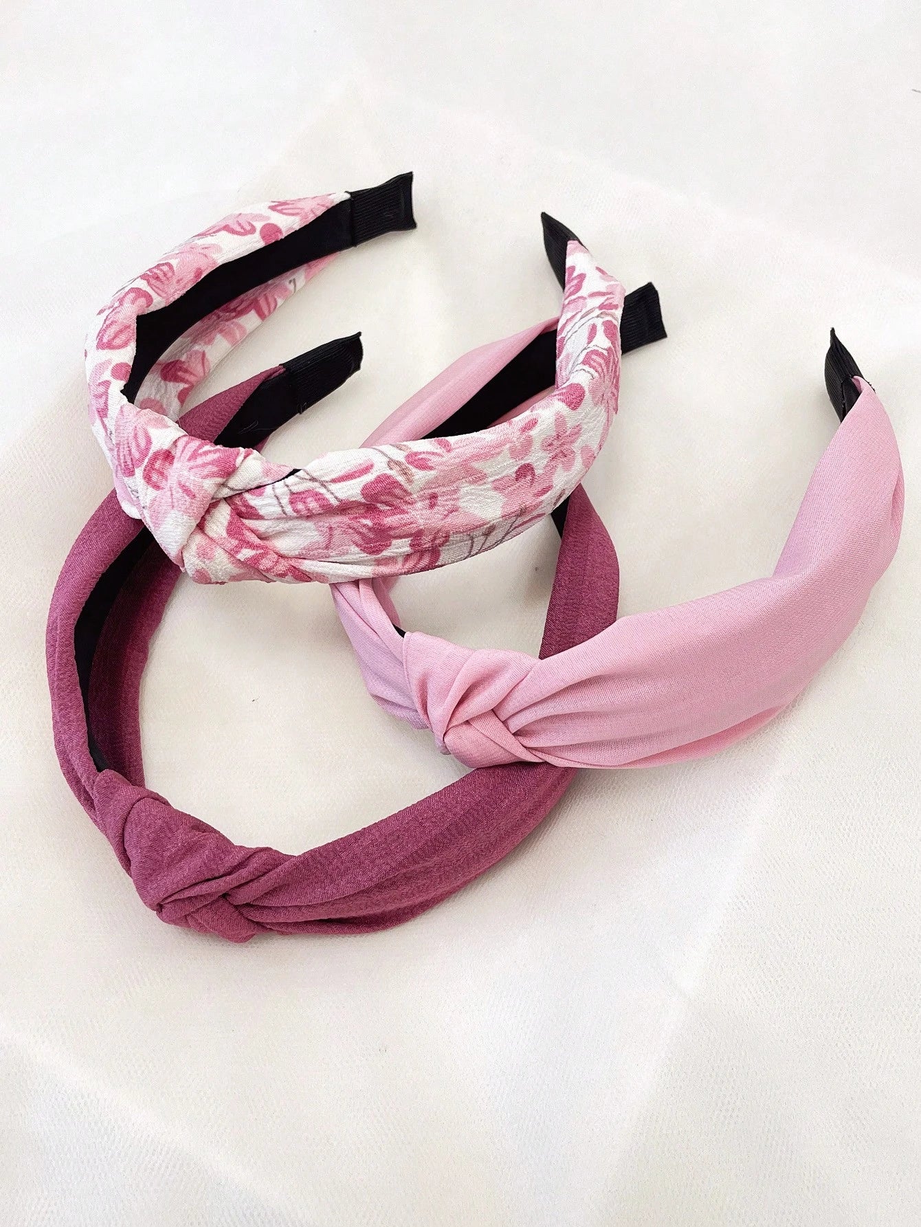 3Pcs Plum Blossom Print Solid Wide Headband Set