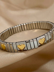 Two Tone Heart Decor Stainless Steel Elastic Bracelet - Gold & Silver