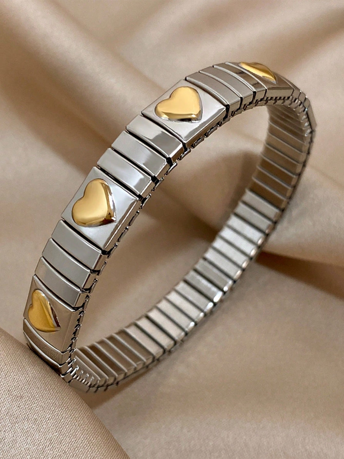 Two Tone Heart Decor Stainless Steel Elastic Bracelet - Gold & Silver