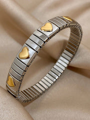Two Tone Heart Decor Stainless Steel Elastic Bracelet - Gold & Silver