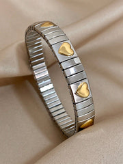 Two Tone Heart Decor Stainless Steel Elastic Bracelet - Gold & Silver