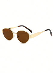 3pcs Oval Metal Full Frame Sunglasses - Black, Brown, Dark Green Lens With Gold Frames