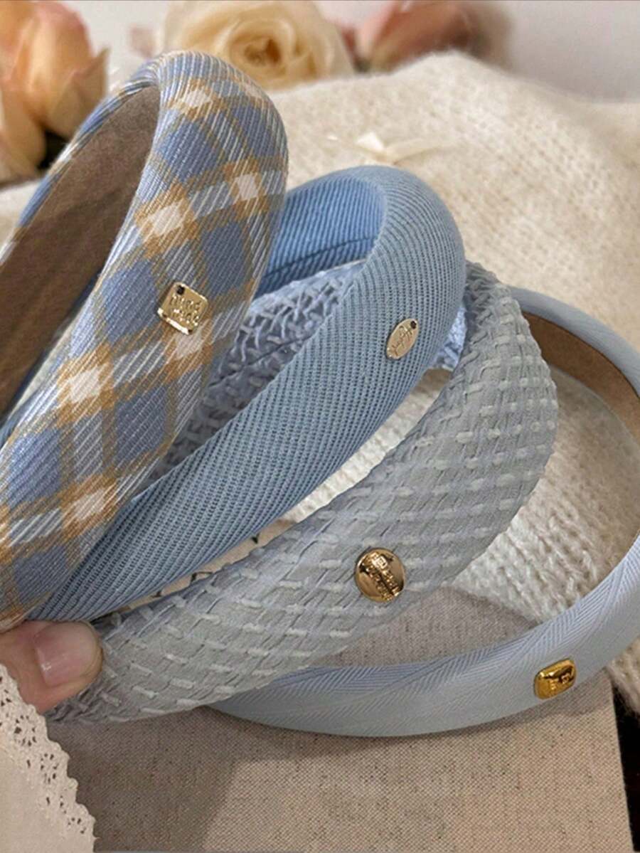 4pcs Navy Blue Elegant Plaid Solid Color Versatile Metal Fashion Headband - www.thetreasurebox.me