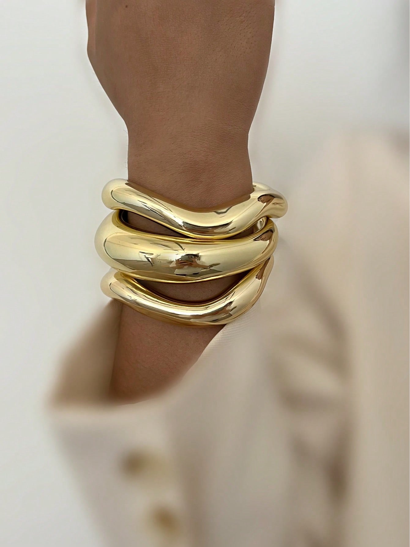 3pcs Minimalist Exaggerated Wavy Cuff Bracelet Set - Gold / Silver