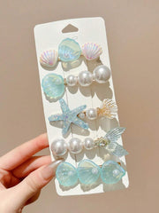 5pcs Women Blue Starfish & Seashell Mermaid Tail Flat Hair Claw Clips