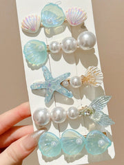 5pcs Women Blue Starfish & Seashell Mermaid Tail Flat Hair Claw Clips