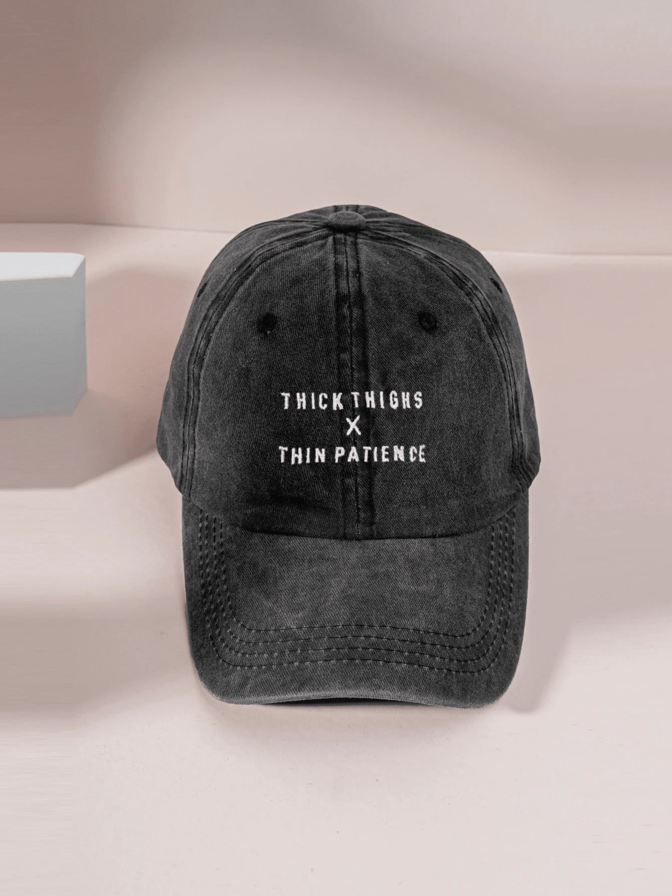 1pc Embroidered "THICK THIGHS X THIN PATIENCE" Washed Baseball Cap