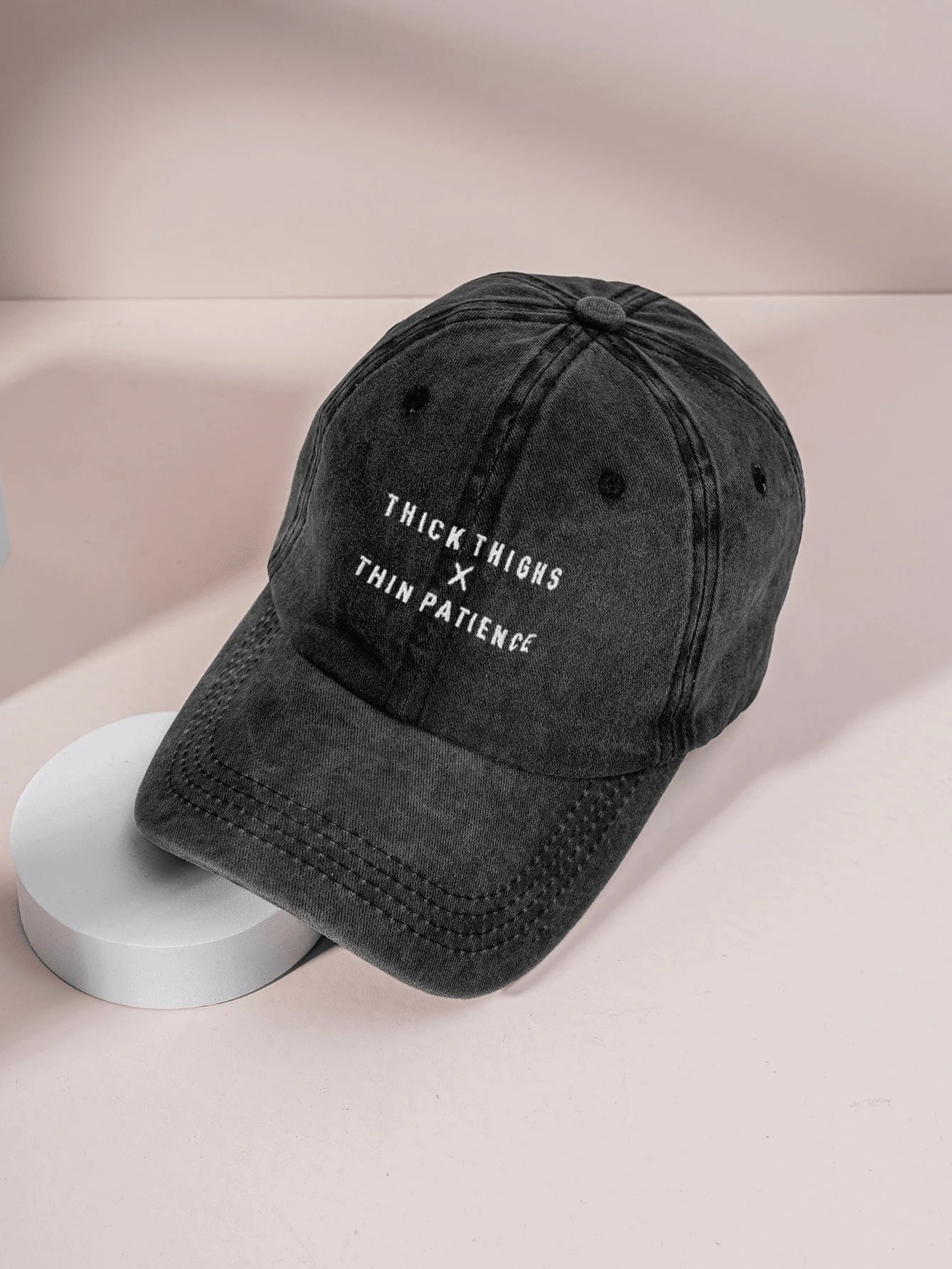 1pc Embroidered "THICK THIGHS X THIN PATIENCE" Washed Baseball Cap