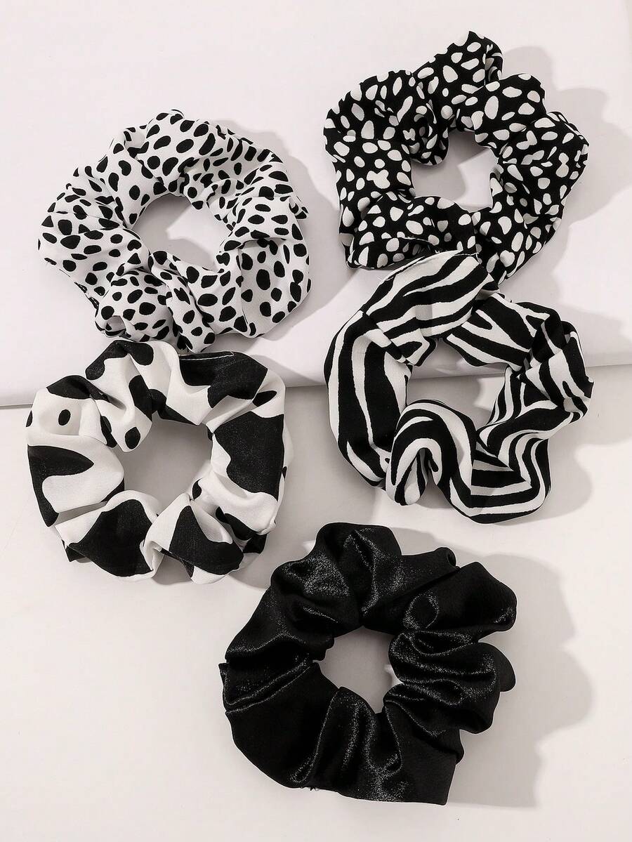 5pc Black White Animal Print Scrunchie Set