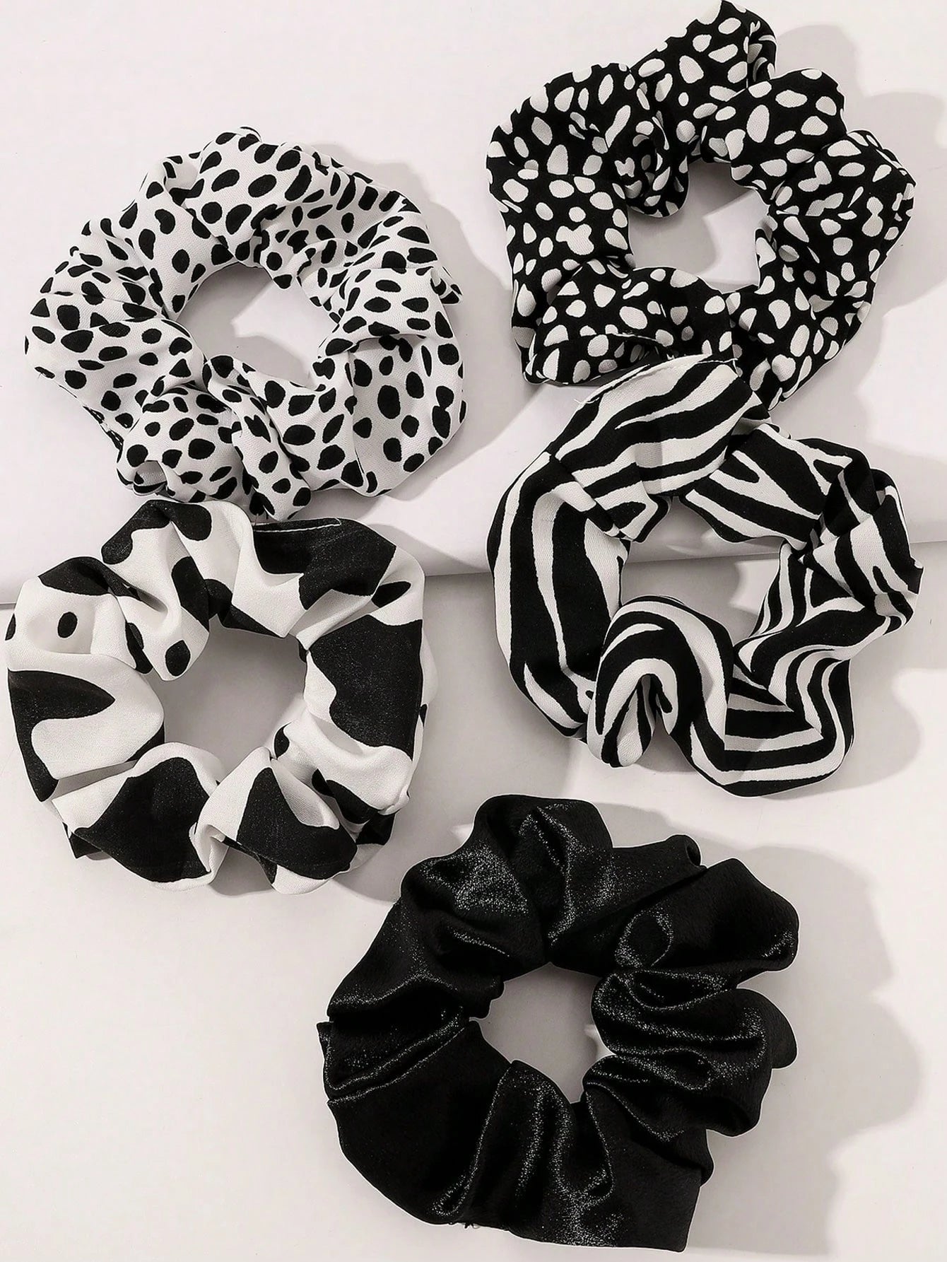 5pc Black White Animal Print Scrunchie Set