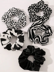 5pc Black White Animal Print Scrunchie Set