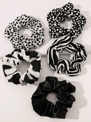 5pc Black White Animal Print Scrunchie Set
