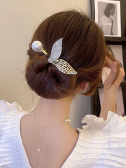 Rhinestone Faux Pearl Leaf Bun Maker Elegant Hairstyle Tool