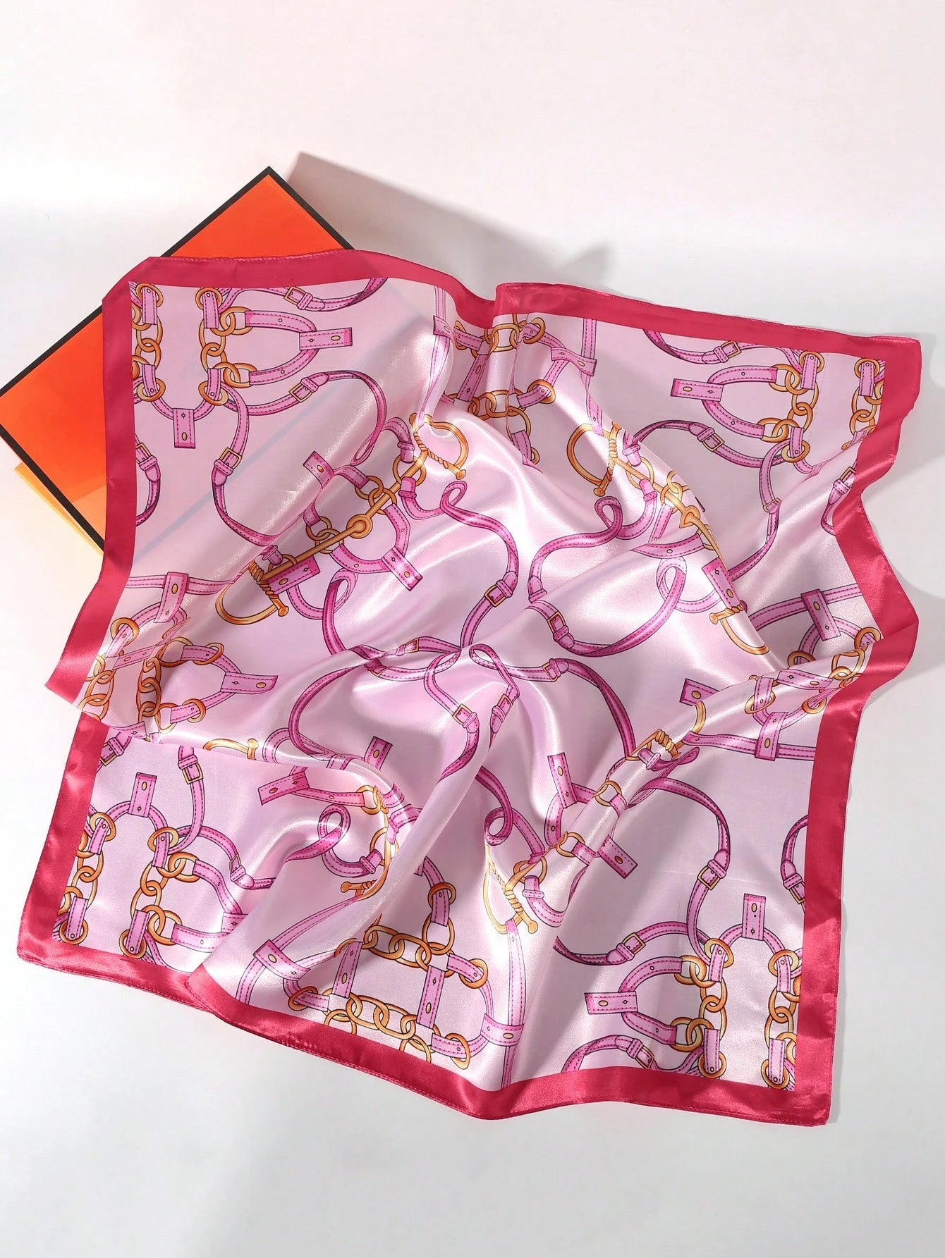 1pc Light Pink Chain Print Satin Square Scarf