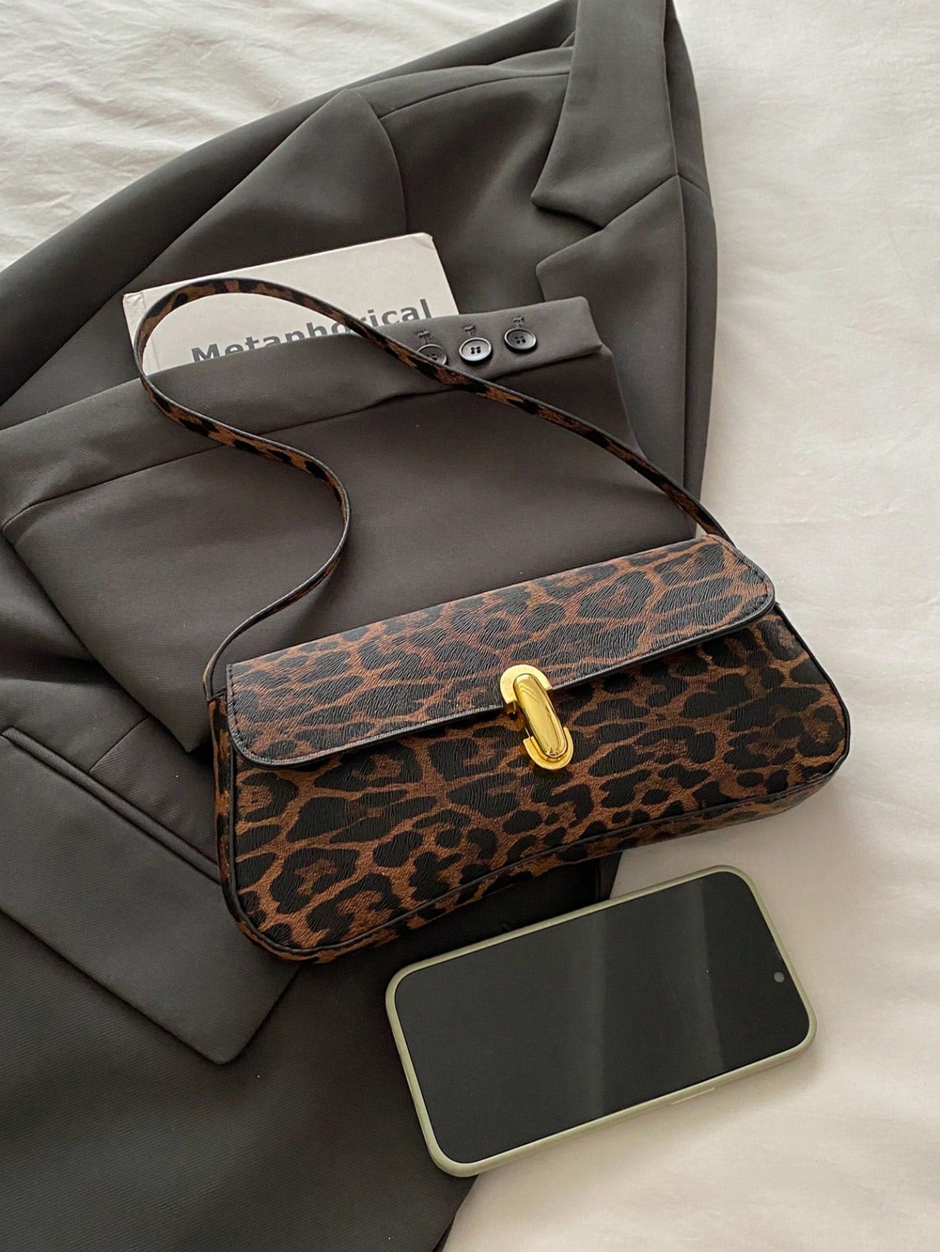 Leopard Print Snap Lock Flap Baguette Shoulder Bag - Black & Brown