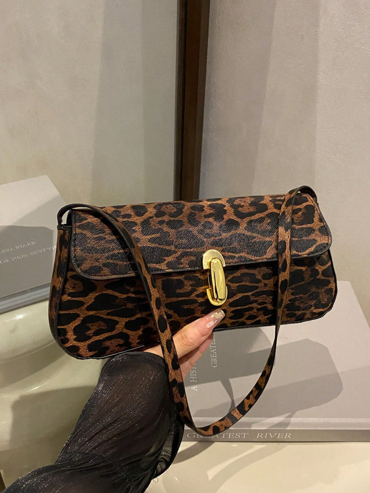 Leopard Print Snap Lock Flap Baguette Shoulder Bag - Black & Brown