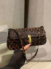 Leopard Print Snap Lock Flap Baguette Shoulder Bag - Black & Brown