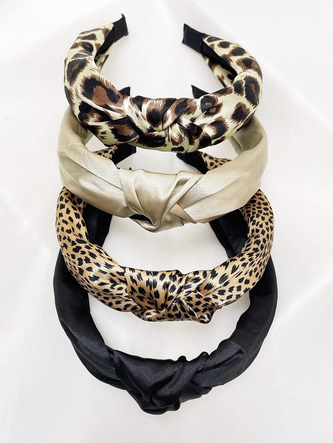 4Pcs Leopard Print Solid Wide Knotted Headband Set