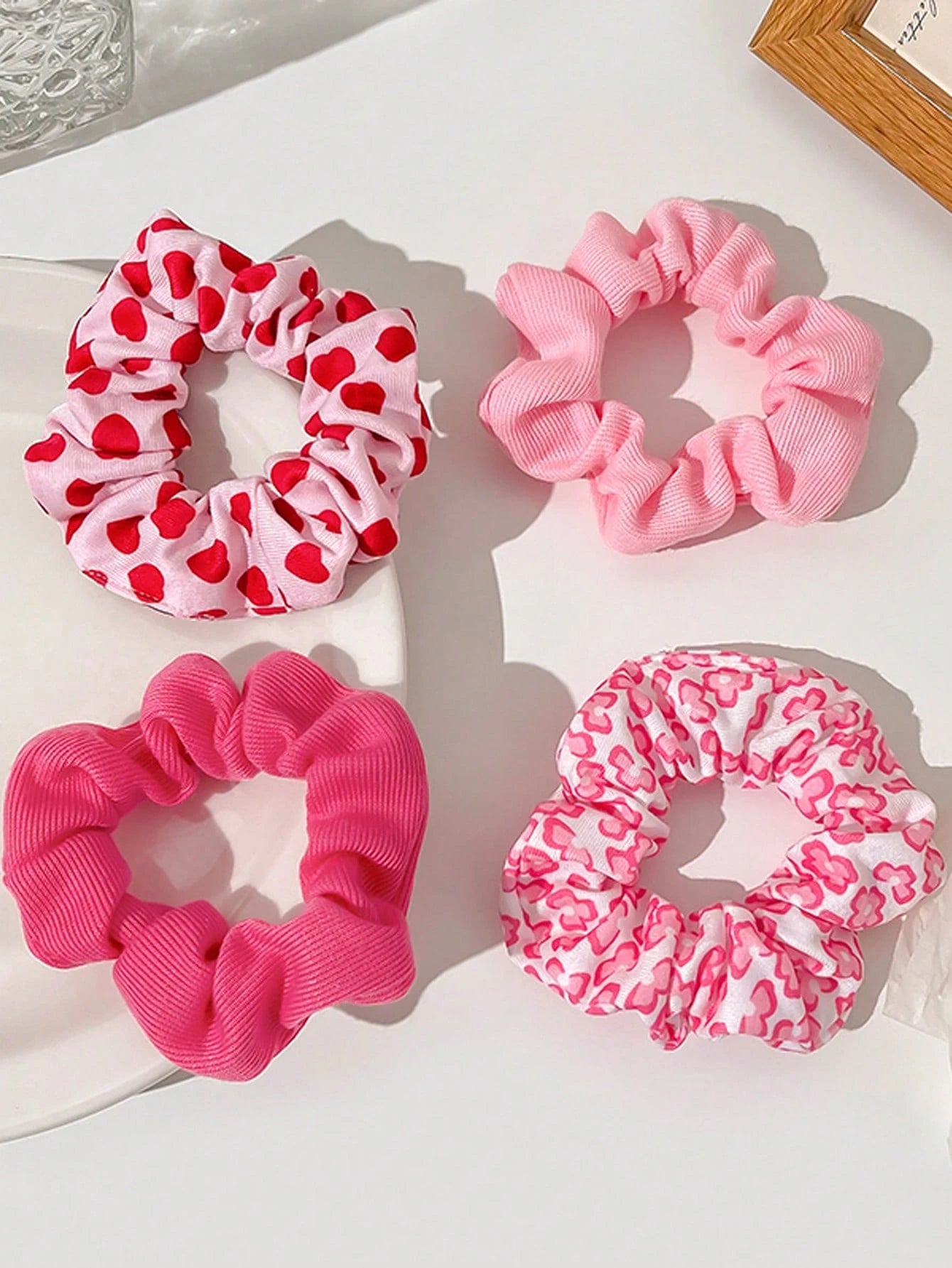 4Pcs Pink Heart Knitted Hair Scrunchies