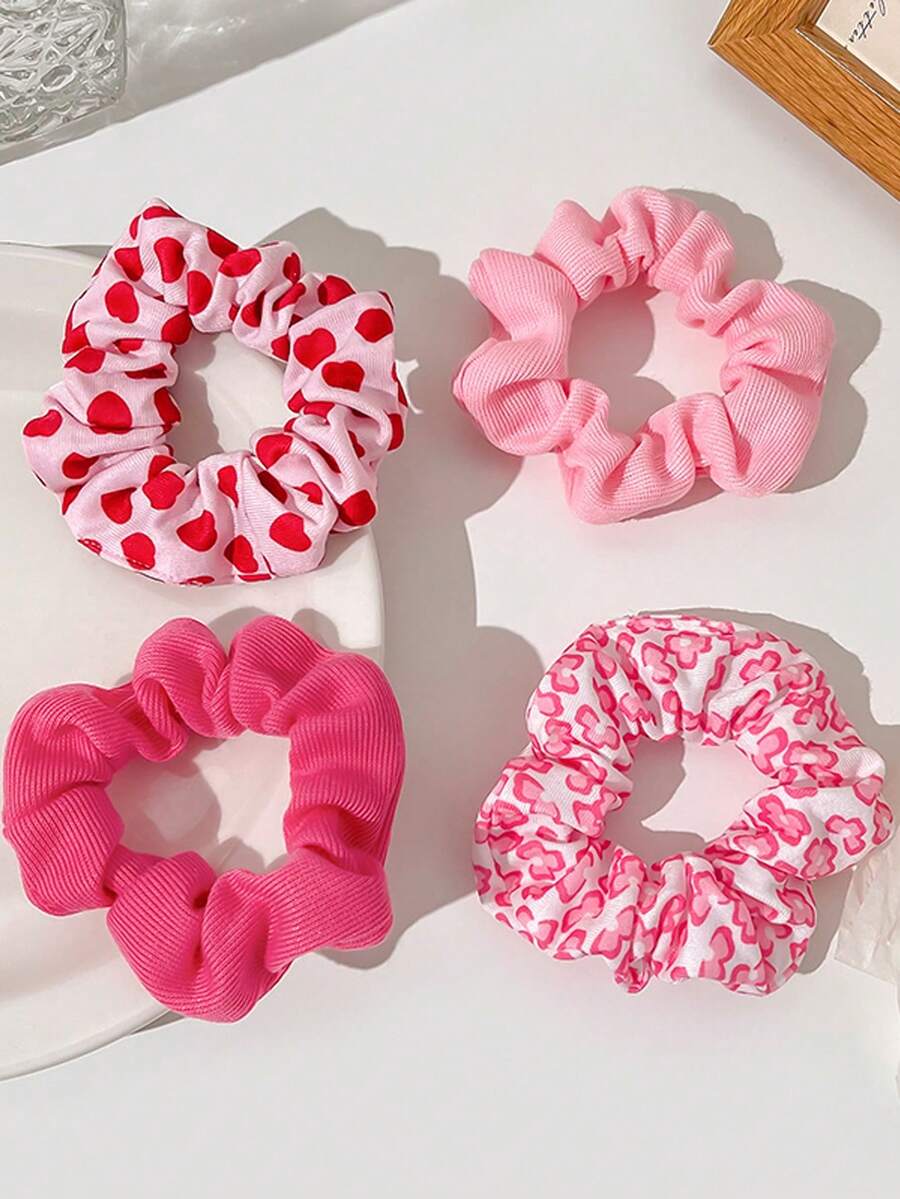 4Pcs Pink Heart Knitted Hair Scrunchies