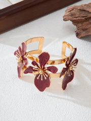 1pc Floral Decor Bangle Bracelet - Burgundy & Gold