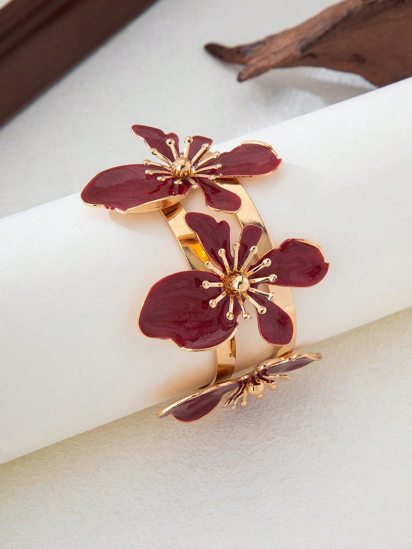 1pc Floral Decor Bangle Bracelet - Burgundy & Gold