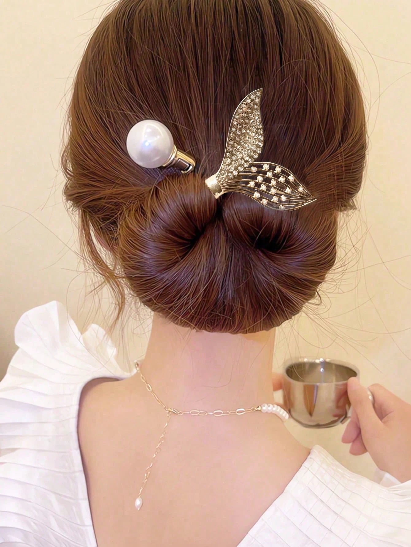 Rhinestone Faux Pearl Leaf Bun Maker Elegant Hairstyle Tool
