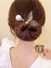Rhinestone Faux Pearl Leaf Bun Maker Elegant Hairstyle Tool