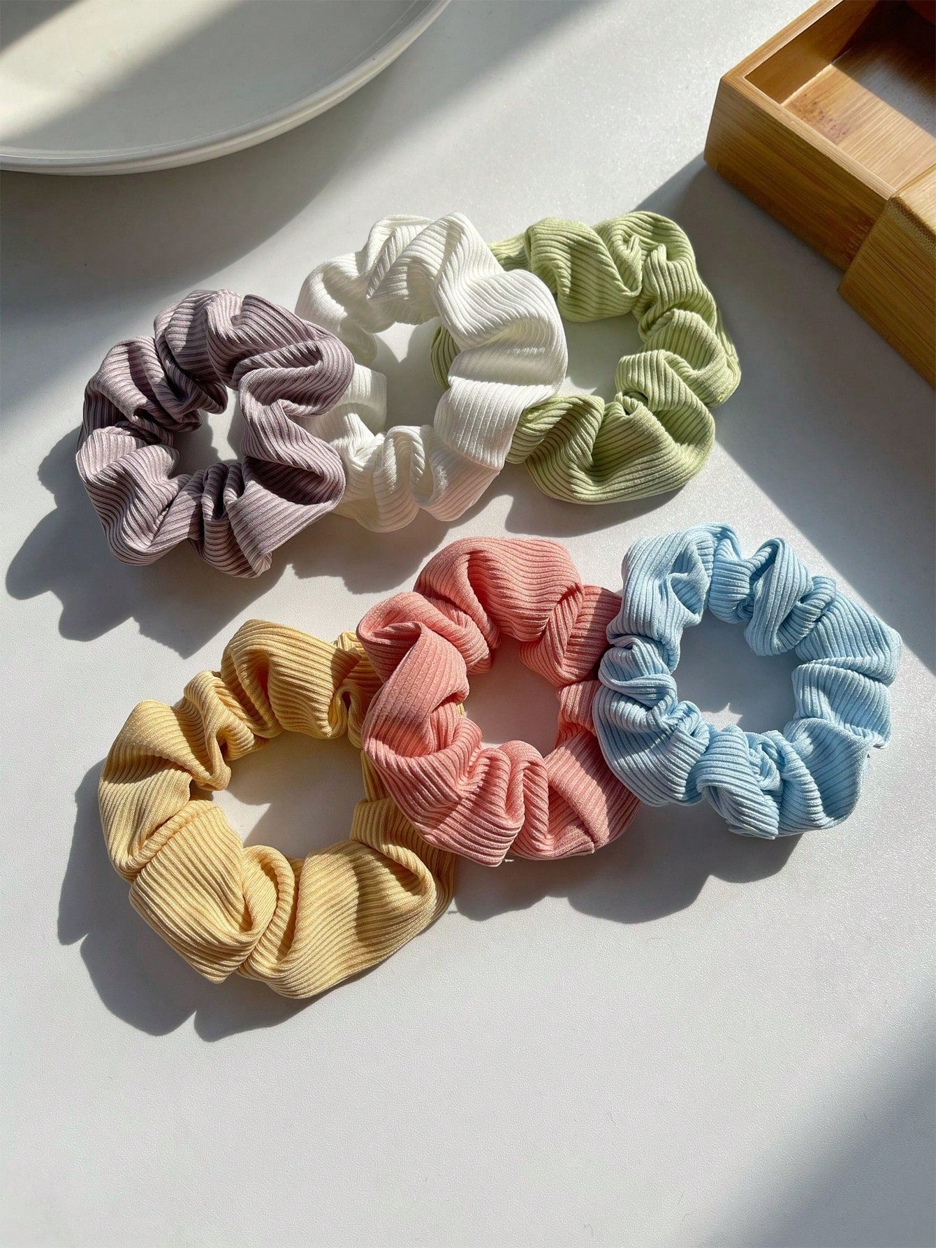 6pc Solid Ribbed Scrunchie Set