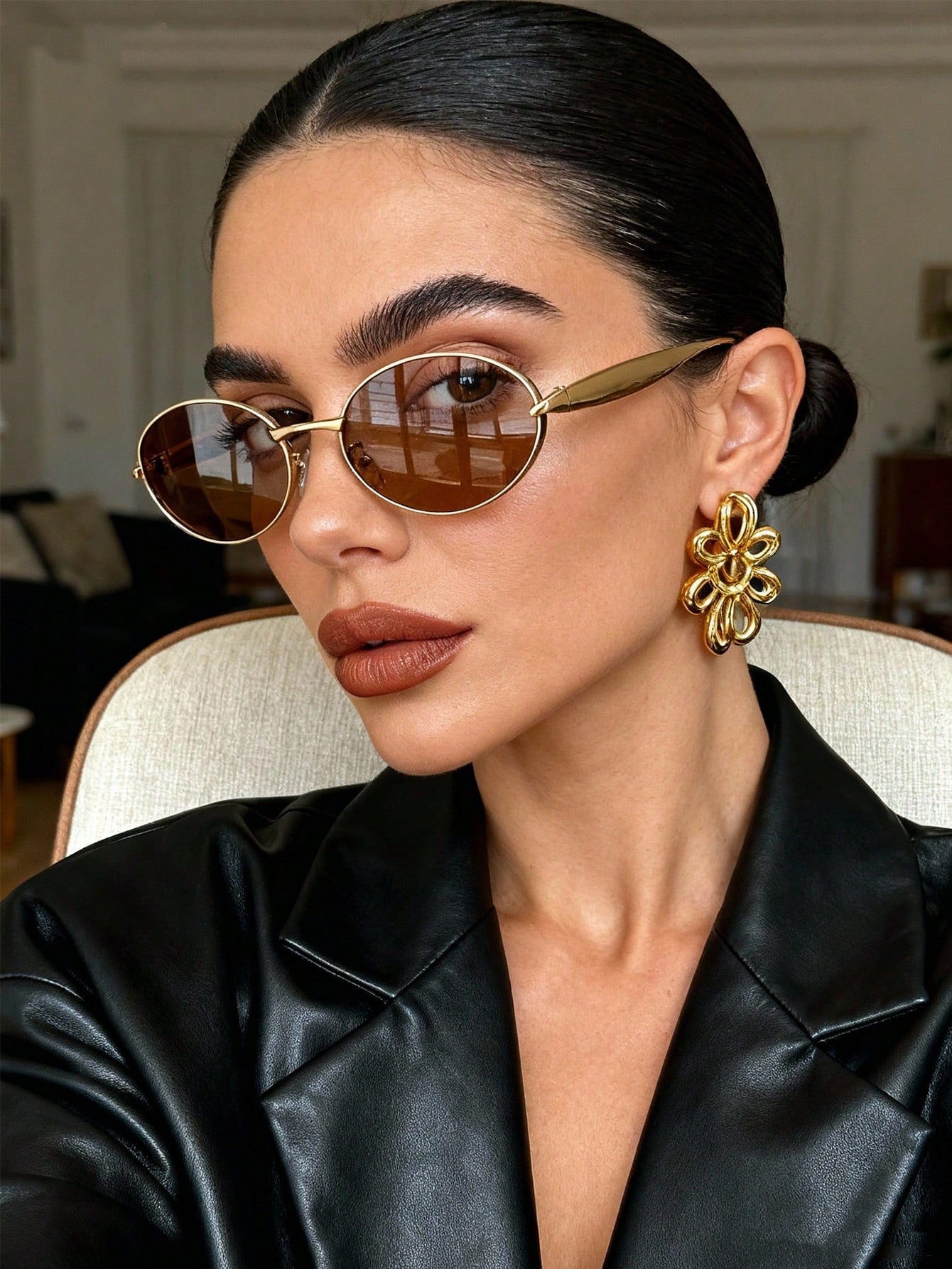 Golden Oval Metal Full Frame Sardine Temple Vintage Sunglasses - Brown Lens