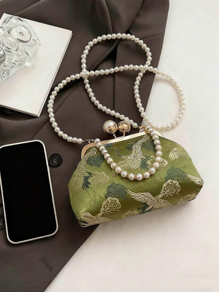 Green Floral Design Kiss Lock Faux Pearl Chain Clutch Bag With Pearl Chain