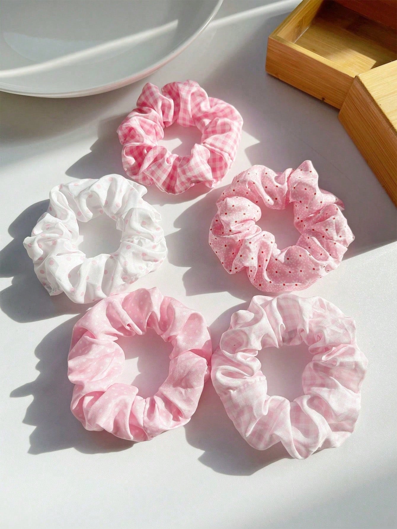 5pc Ditsy Floral Plaid Polka Dot Scrunchie Set
