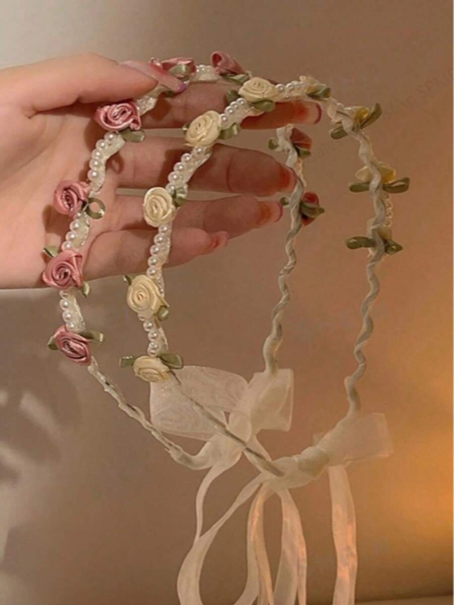 2pcs Elegant Faux Pearl Rose Flower Headband - www.thetreasurebox.me