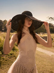 1pc Black Wide Brim Foldable Straw Hat