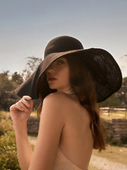 1pc Black Wide Brim Foldable Straw Hat