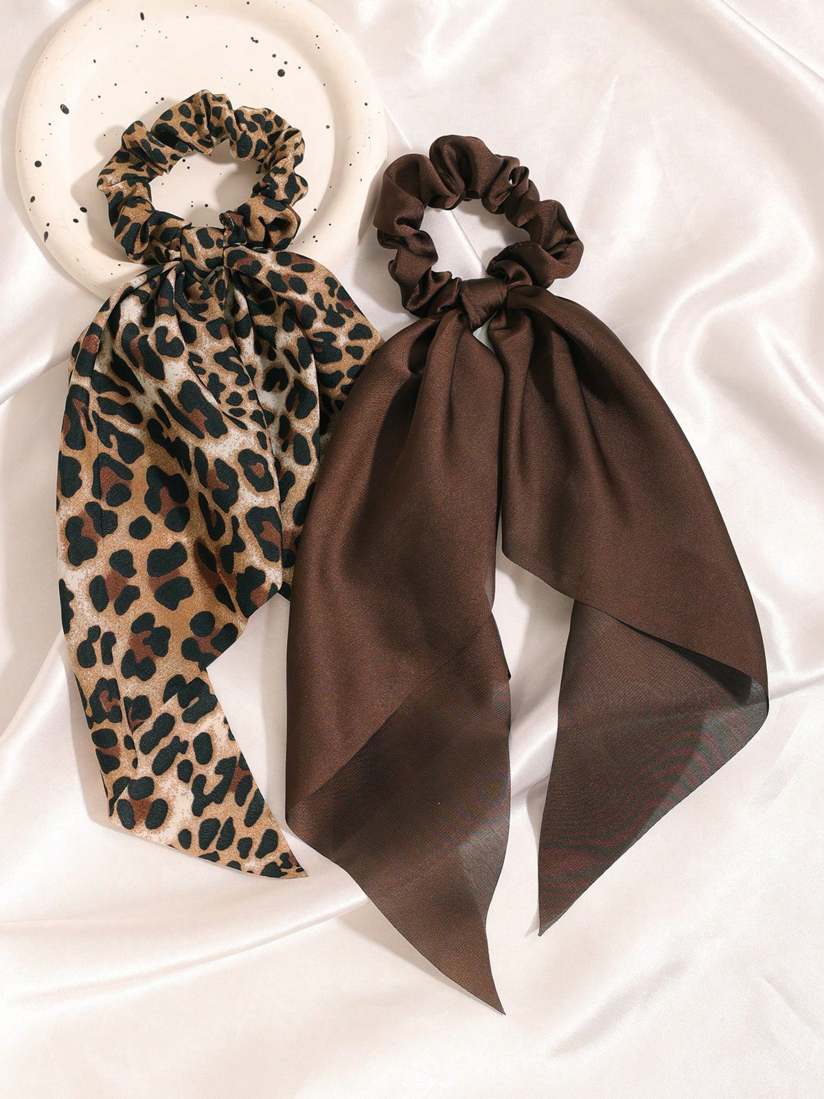 2pc Satin Leopard Print Long Scarf Scrunchie Set