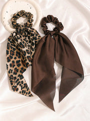 2pc Satin Leopard Print Long Scarf Scrunchie Set