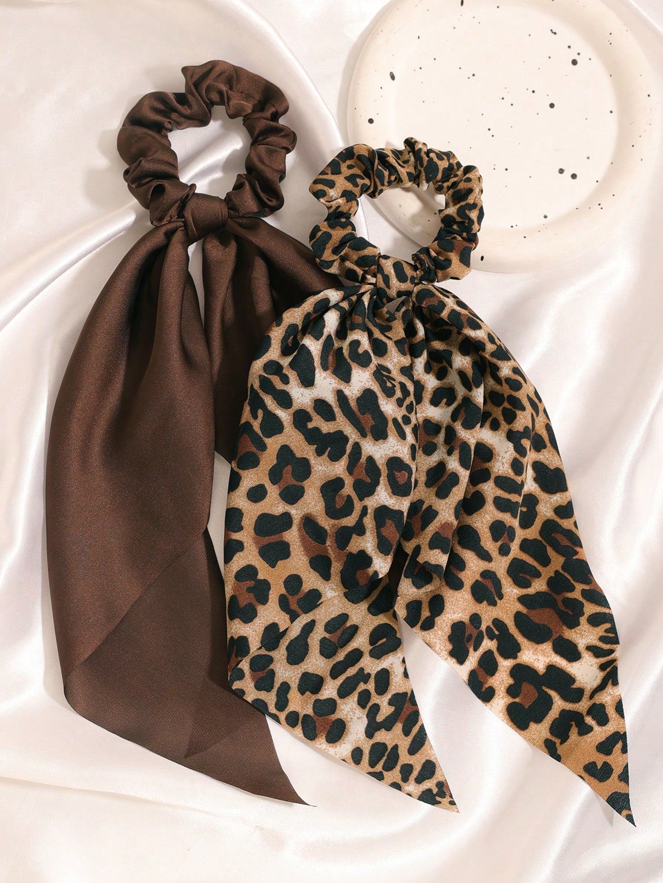 2pc Satin Leopard Print Long Scarf Scrunchie Set