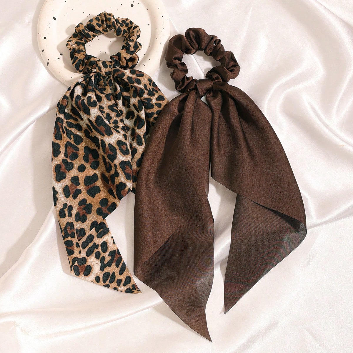 2pc Satin Leopard Print Long Scarf Scrunchie Set