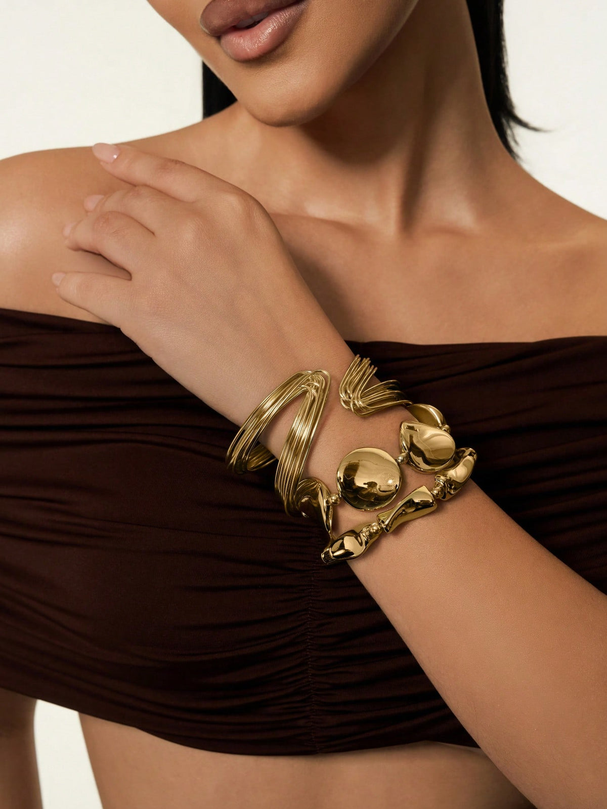 3pcs Allergy Asymmetrical Cuff & Bracelet Set - Gold