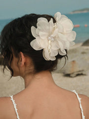 1pc Faux Pearl Decorated Super Fairy Pink Mesh Flower Hair Clips