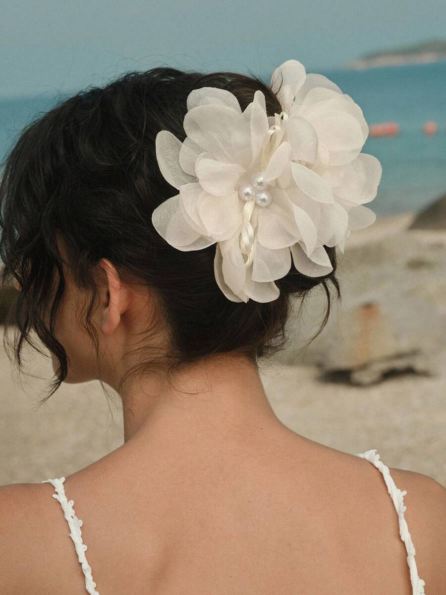 1pc Faux Pearl Decorated Super Fairy Pink Mesh Flower Hair Clips