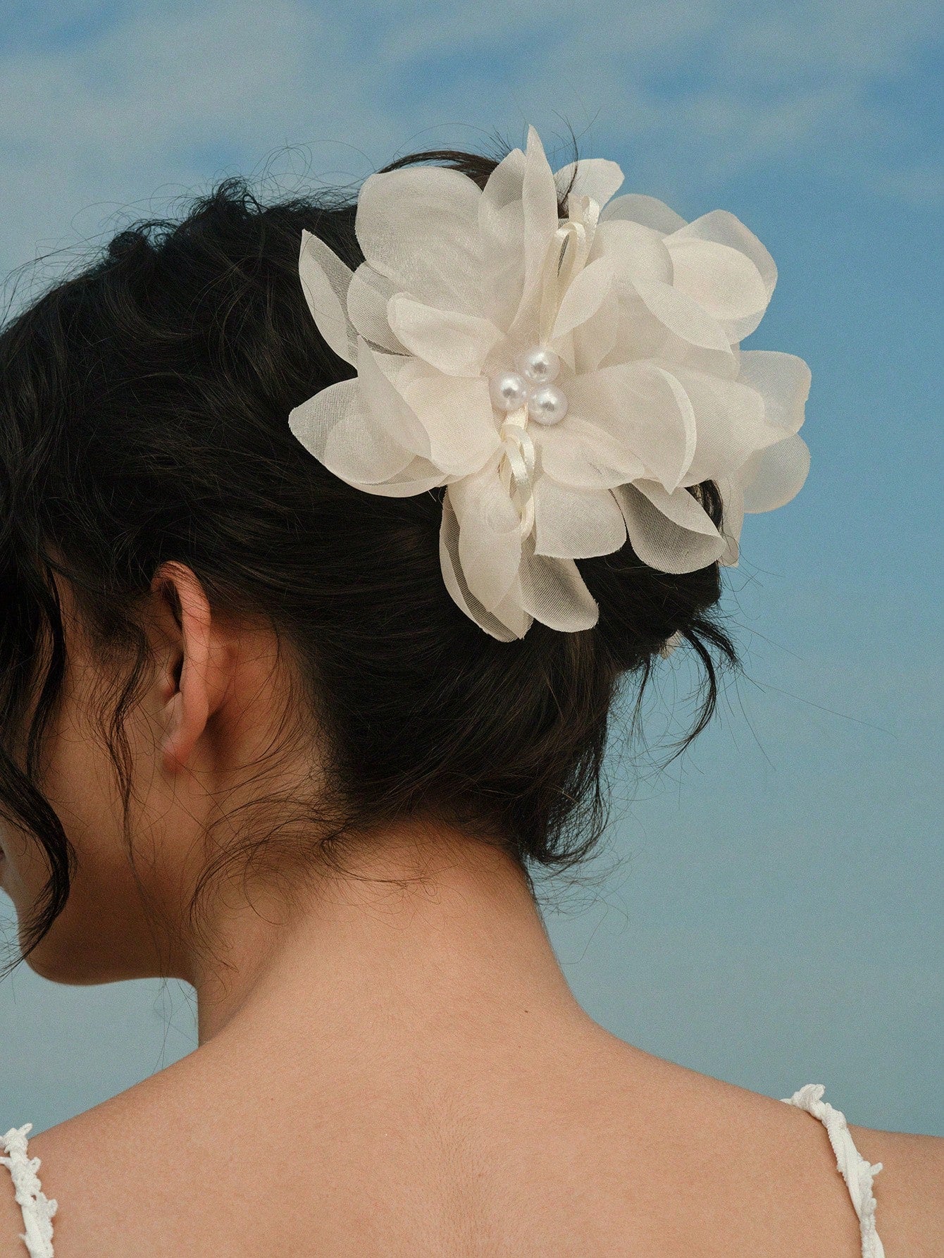 1pc Faux Pearl Decorated Super Fairy Pink Mesh Flower Hair Clips