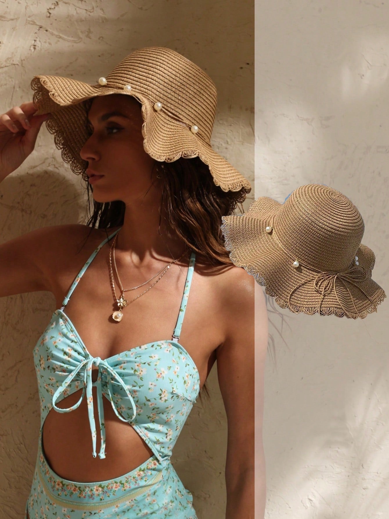 1pc Khaki Wave Beach Sun Hat