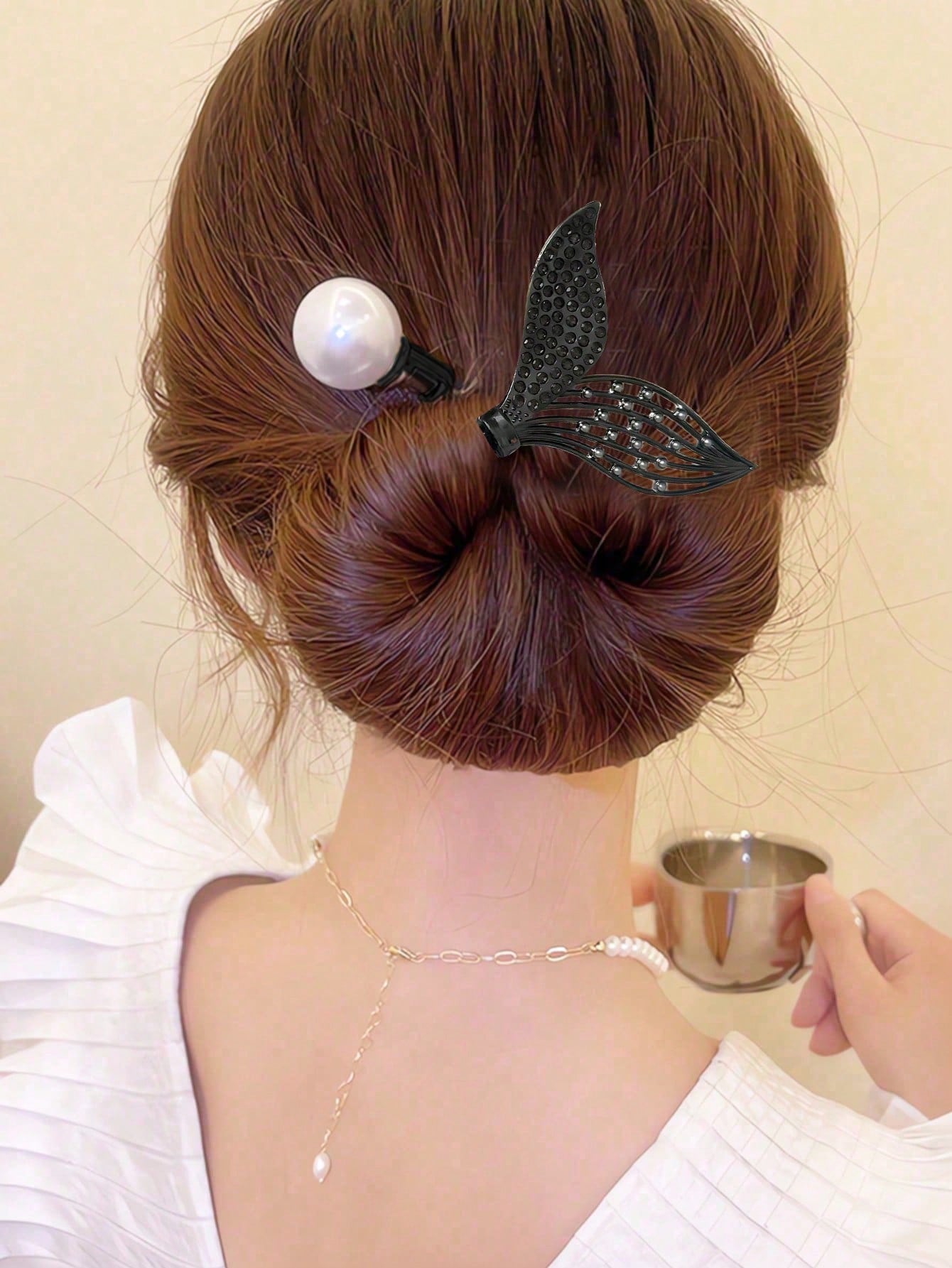 Rhinestone Faux Pearl Leaf Bun Maker Elegant Hairstyle Tool