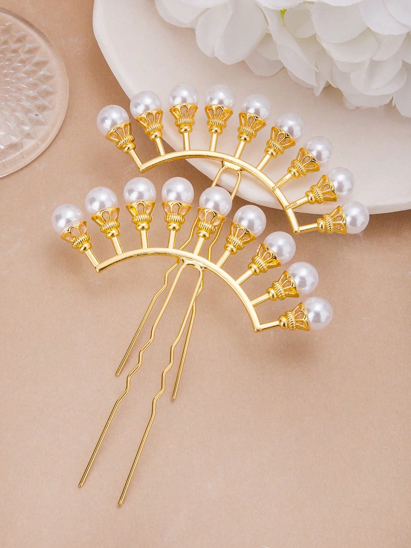 Vintage U-Shaped Pearl Hair Stick Ancient Style Floral Clip