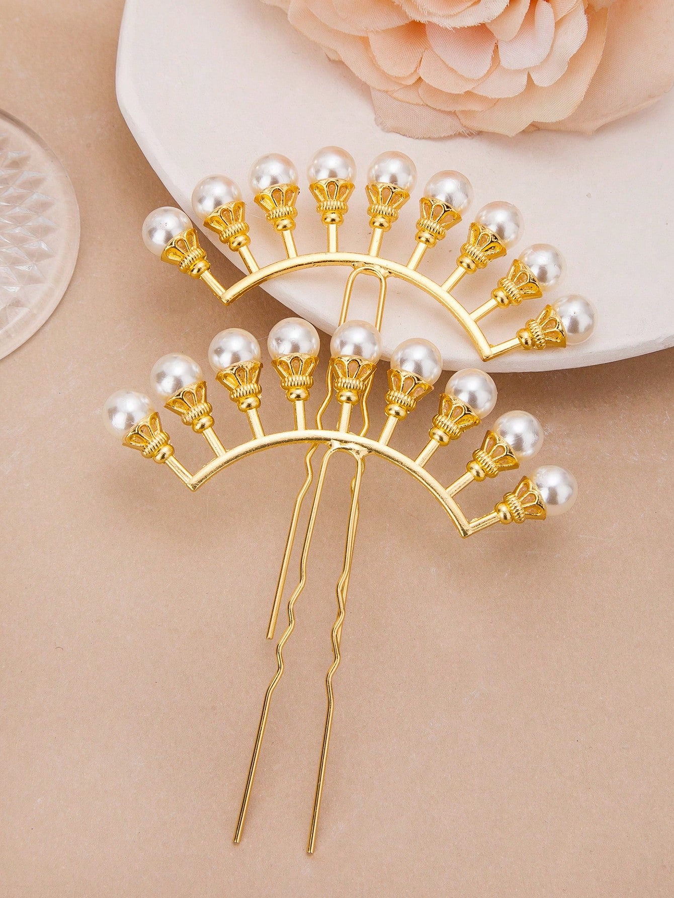 Vintage U-Shaped Pearl Hair Stick Ancient Style Floral Clip